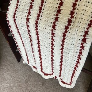 Handmade Crochet Blanket with Red and White Stripes